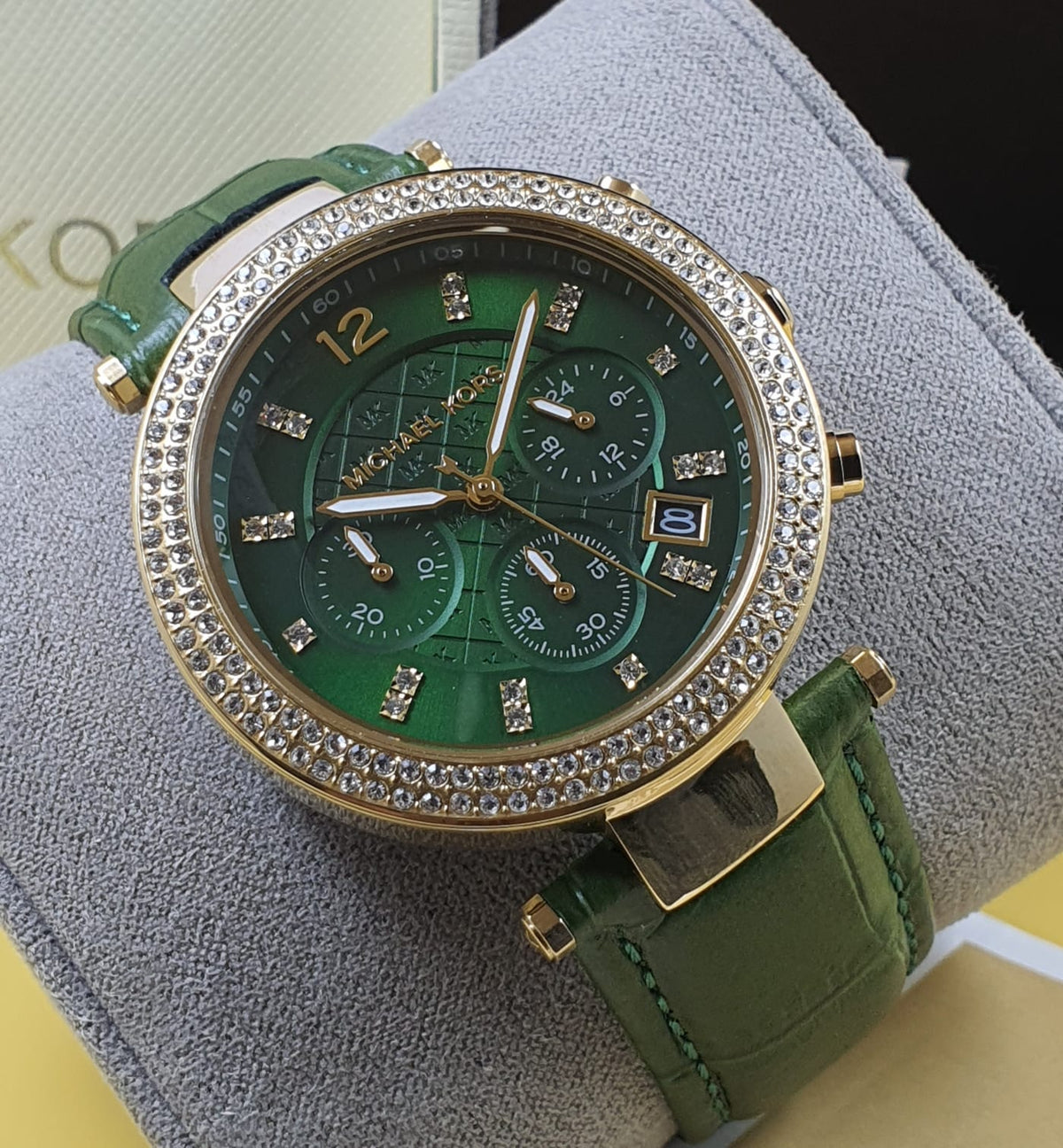  Shop Authentic Michael Kors Parker Chronograph Green Dial Green Leather Strap Watch For Women - MK6985 - Luxxuri