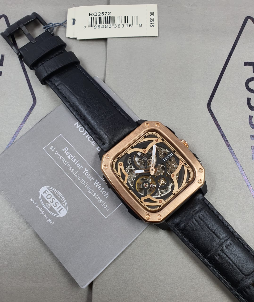  Shop Authentic Fossil Inscription Automatic Skeleton Rose Gold Dial Black Leather Strap Watch for Men - BQ2572 - Luxxuri