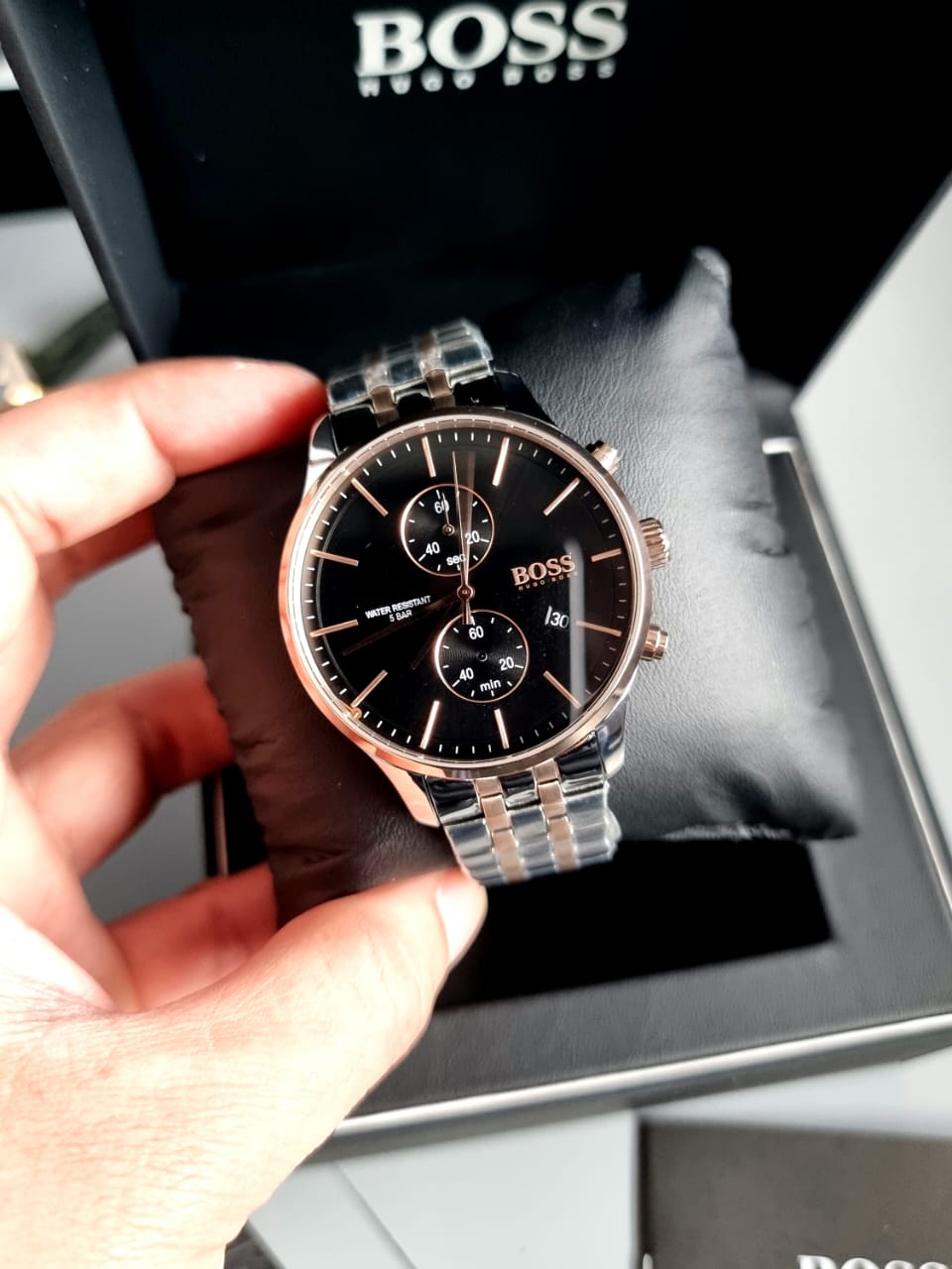  Shop Authentic Hugo Boss Associate Chronograph Black Dial Two Tone Steel Strap Watch for Men - 1513840 - Luxxuri