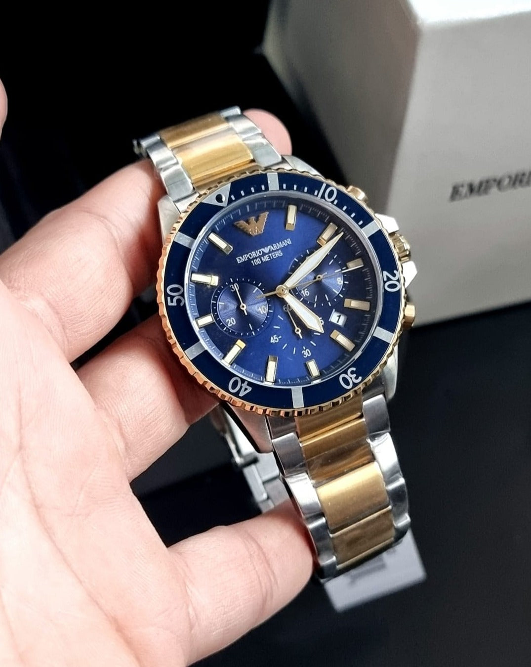  Shop Authentic Emporio Armani Mario Chronograph Blue Dial Two Tone Steel Strap Watch For Men - AR11362 - Luxxuri