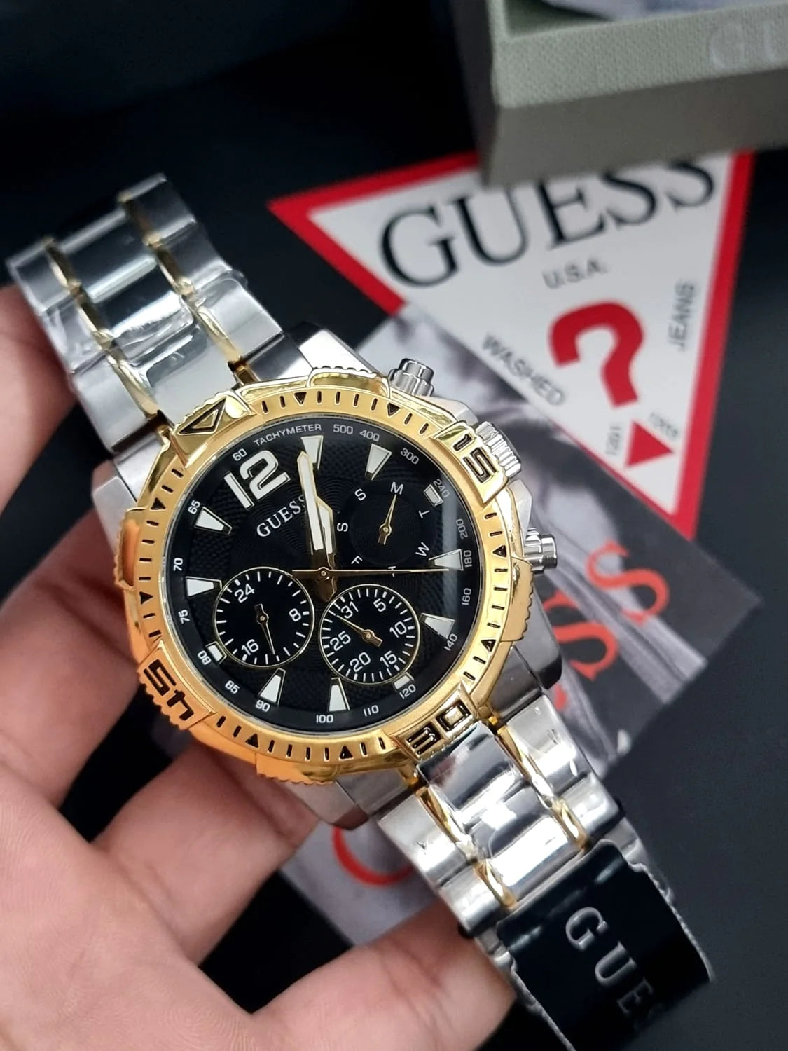 Shop Authentic Guess Commander Chronograph Black Dial Two Tone Steel Strap Watch for Men - GW0056G4 - Luxxuri
