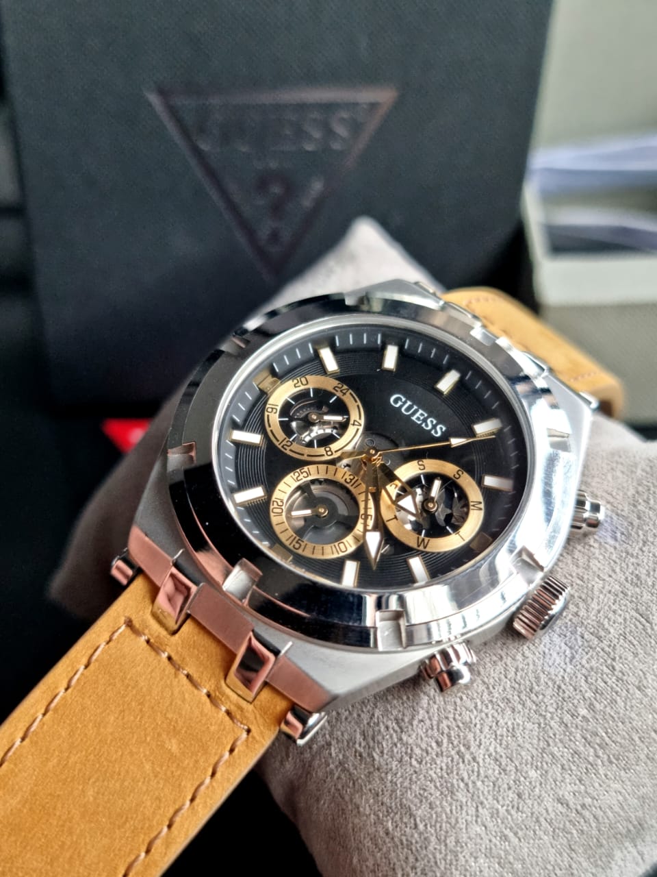 Shop Authentic Guess Continental Multifunction Black Dial Brown Leather Strap Watch for Men - GW0262G1 - Luxxuri