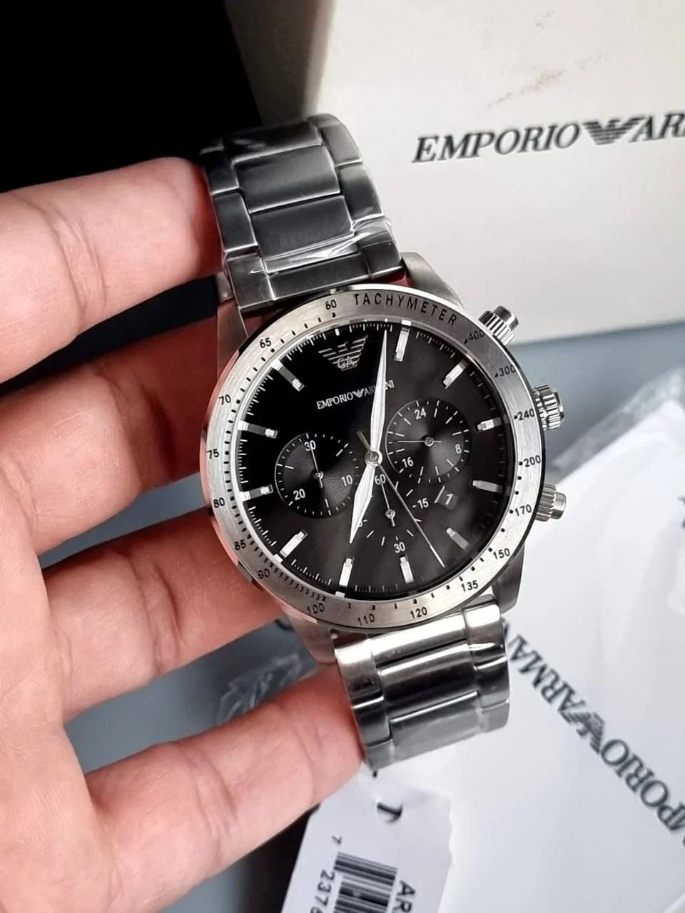  Shop Authentic Emporio Armani Mario Chronograph Black Dial Silver Steel Strap Watch For Men - AR11241 - Luxxuri