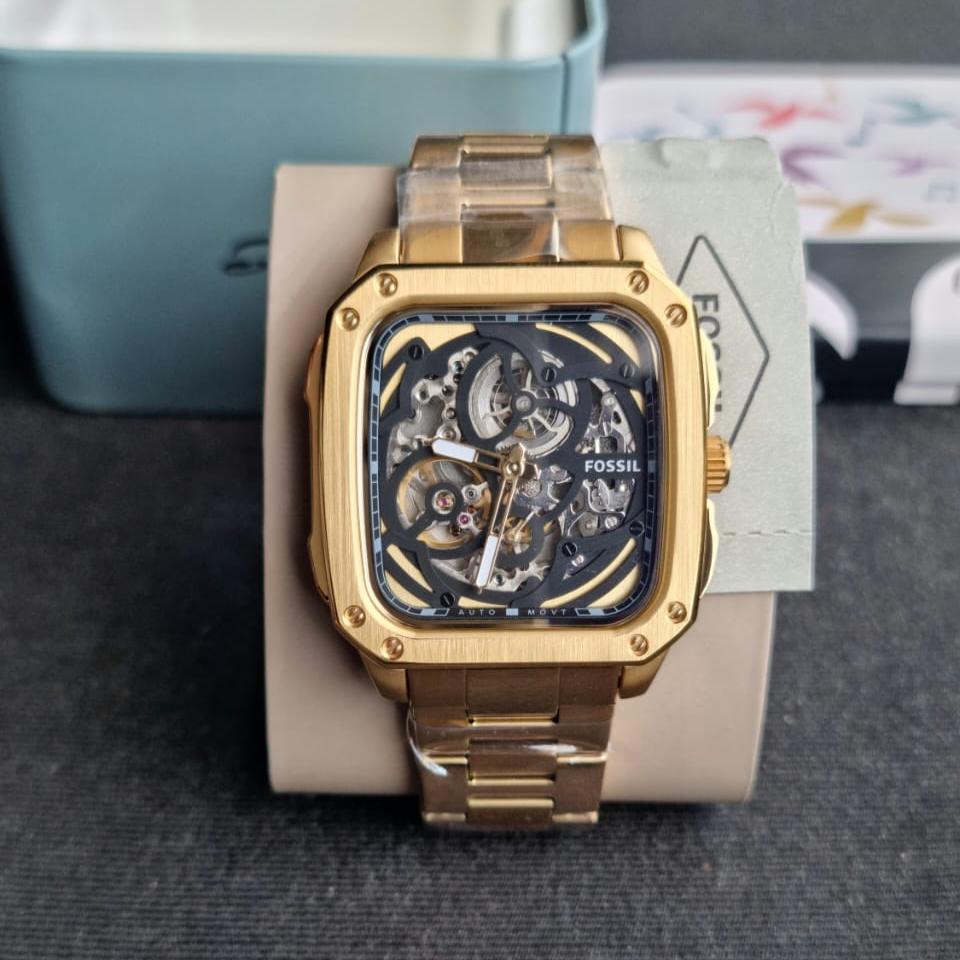  Shop Authentic Fossil Inscription Automatic Skeleton Black Dial Gold Steel Strap Watch for Men - BQ2573 - Luxxuri