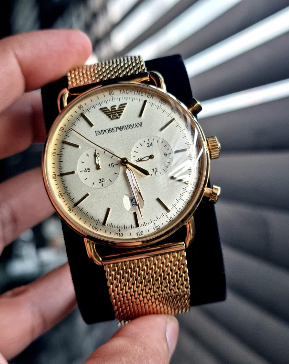  Shop Authentic Emporio Armani Aviator Chronograph Quartz Beige Dial Gold Mesh Bracelet Watch For Men - AR11315 - Luxxuri