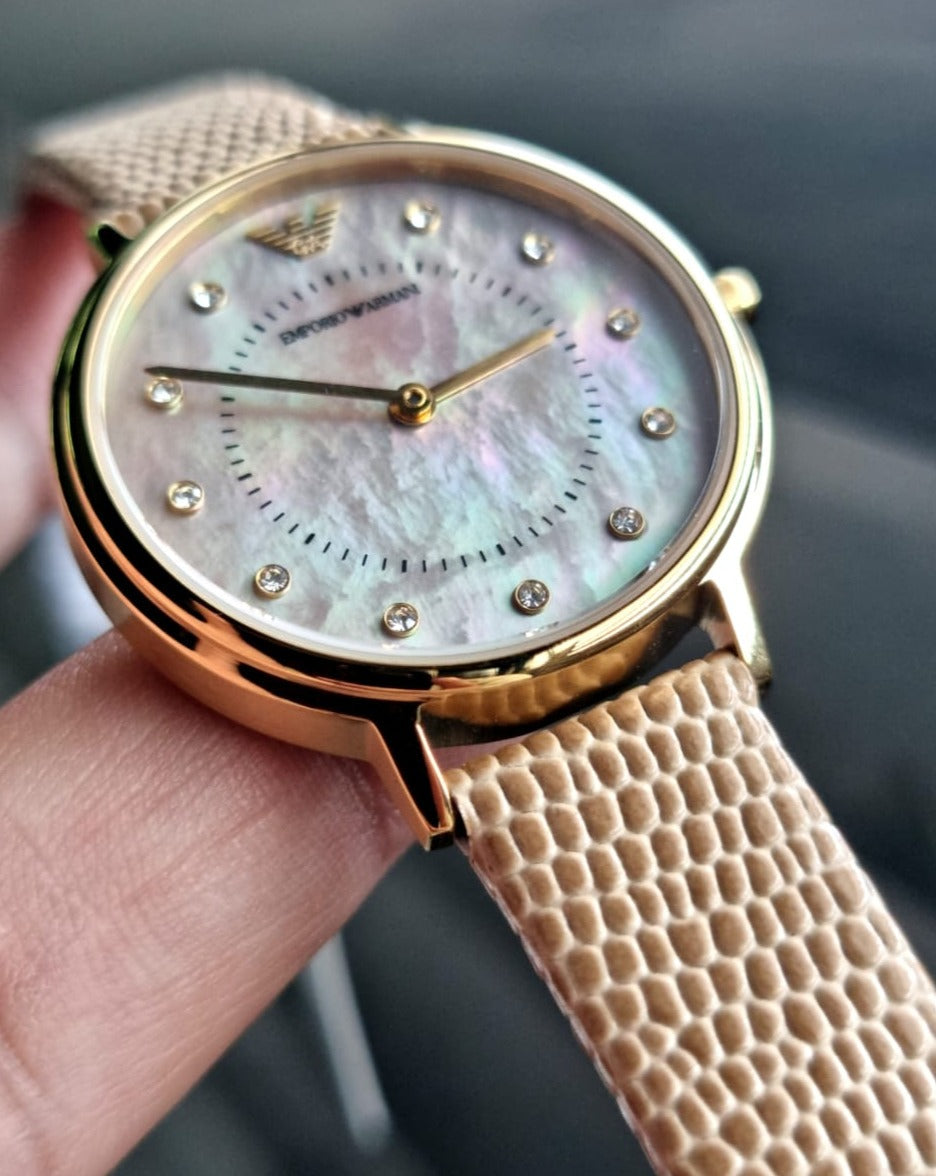  Shop Authentic Emporio Armani Kappa Quartz Mother of Pearl Taupe Dial Brown Leather Strap Watch For Men - AR11151 - Luxxuri