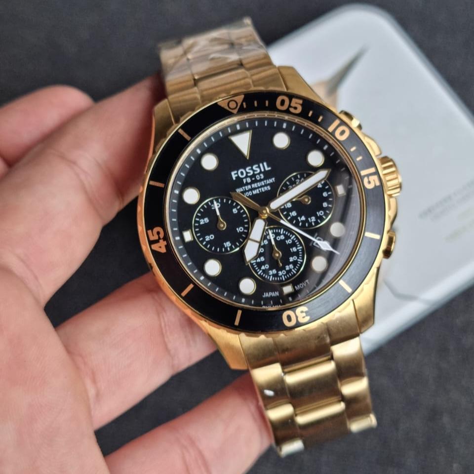  Shop Authentic Fossil FB-03 Chronograph Black Dial Gold Steel Strap Watch for Men - FS5727 - Luxxuri
