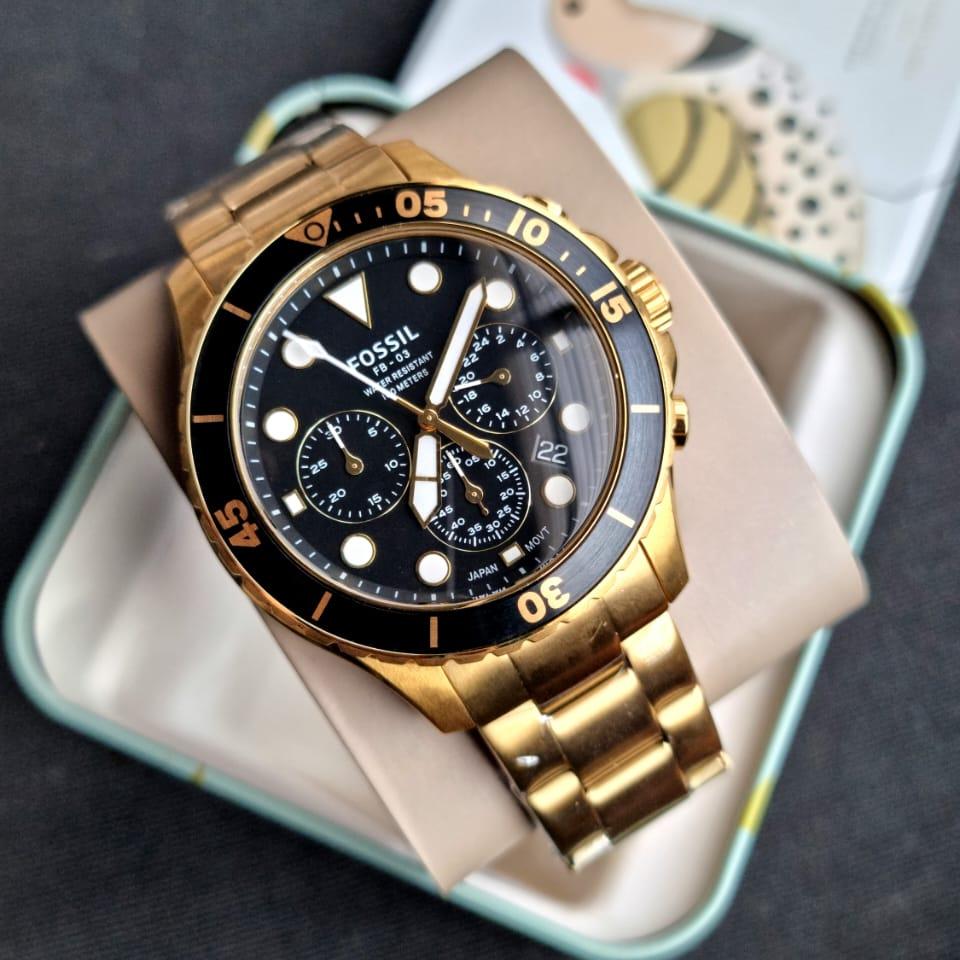  Shop Authentic Fossil FB-03 Chronograph Black Dial Gold Steel Strap Watch for Men - FS5727 - Luxxuri