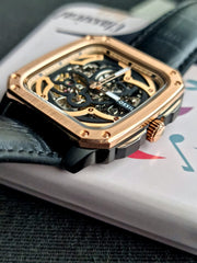  Shop Authentic Fossil Inscription Automatic Skeleton Rose Gold Dial Black Leather Strap Watch for Men - BQ2572 - Luxxuri
