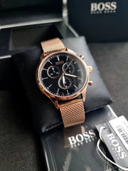  Shop Authentic Hugo Boss Companion Quartz Black Dial Rose Gold Mesh Bracelet Watch For Men - HB1513548 - Luxxuri