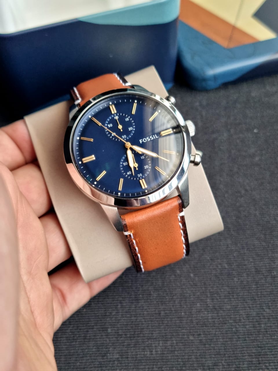  Shop Authentic Fossil Townsman Chronograph Blue Dial Brown Leather Strap Watch for Men - FS5279 - Luxxuri