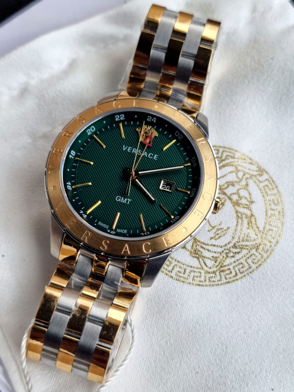  Shop Authentic Versace Univers Quartz Green Dial Two Tone Steel Strap Watch for Men - VEBK00718 - Luxxuri