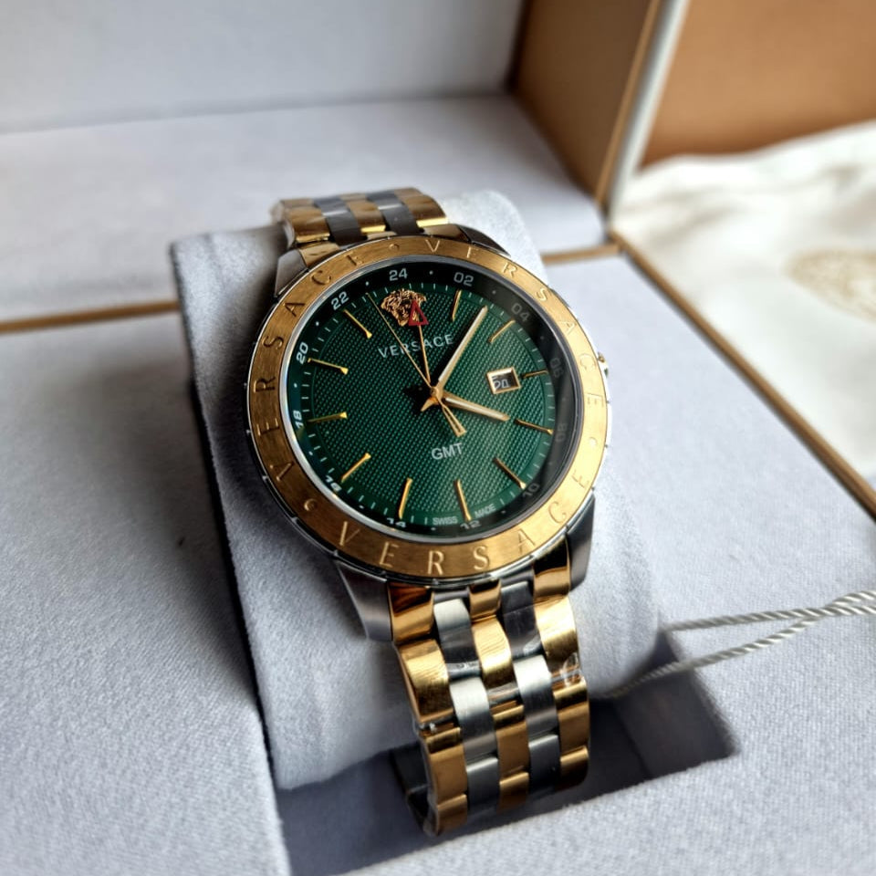  Shop Authentic Versace Univers Quartz Green Dial Two Tone Steel Strap Watch for Men - VEBK00718 - Luxxuri