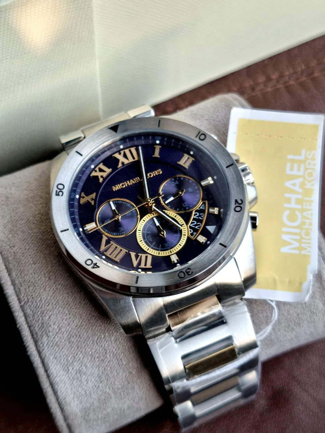  Shop Authentic Michael Kors Brecken Chronograph Blue Dial Two Tone Steel Strap Watch For Men - MK8437 - Luxxuri