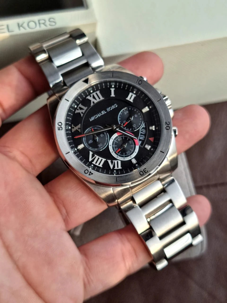  Shop Authentic Michael Kors Brecken Chronograph Quartz Black Dial Silver Steel Strap Watch For Men - MK8438 - Luxxuri