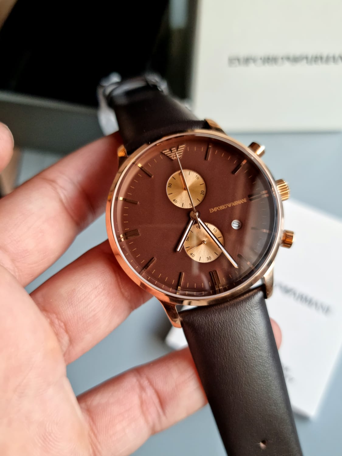  Shop Authentic Emporio Armani Classic Chronograph Brown Dial Brown Leather Strap Watch For Men - AR0387 - Luxxuri