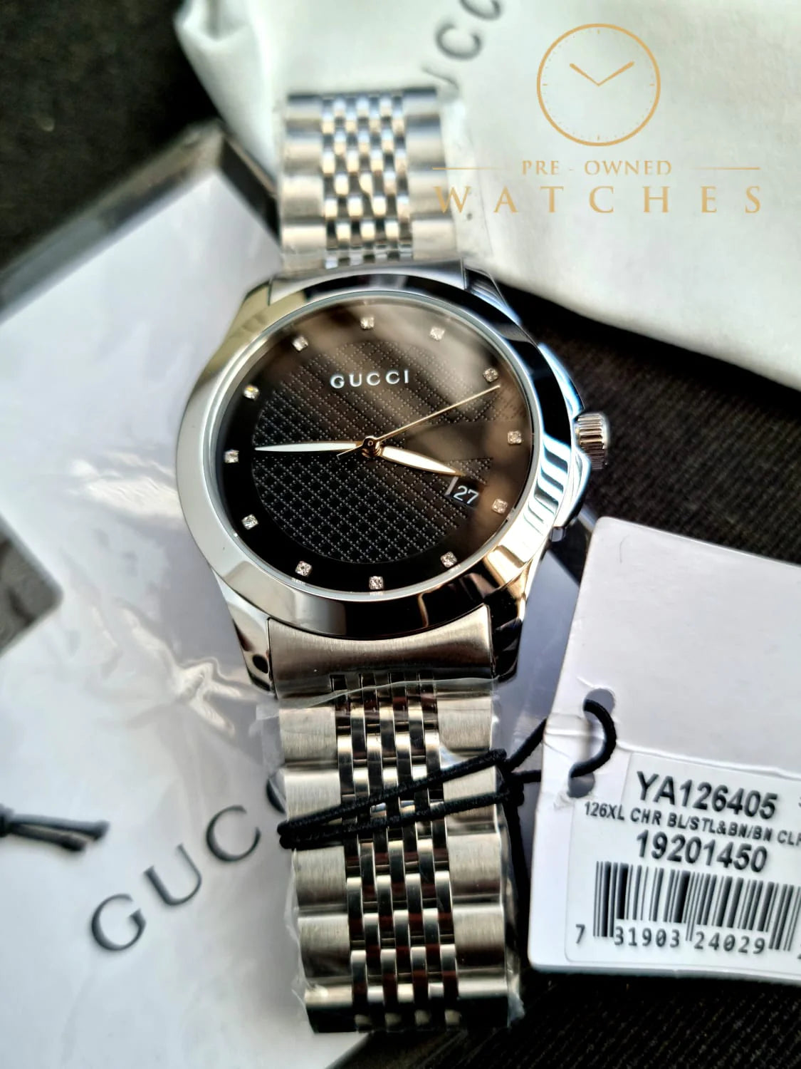  Shop Authentic Gucci G Timeless Diamonds Black Dial Silver Steel Strap Watch For Men - YA126405 - Luxxuri