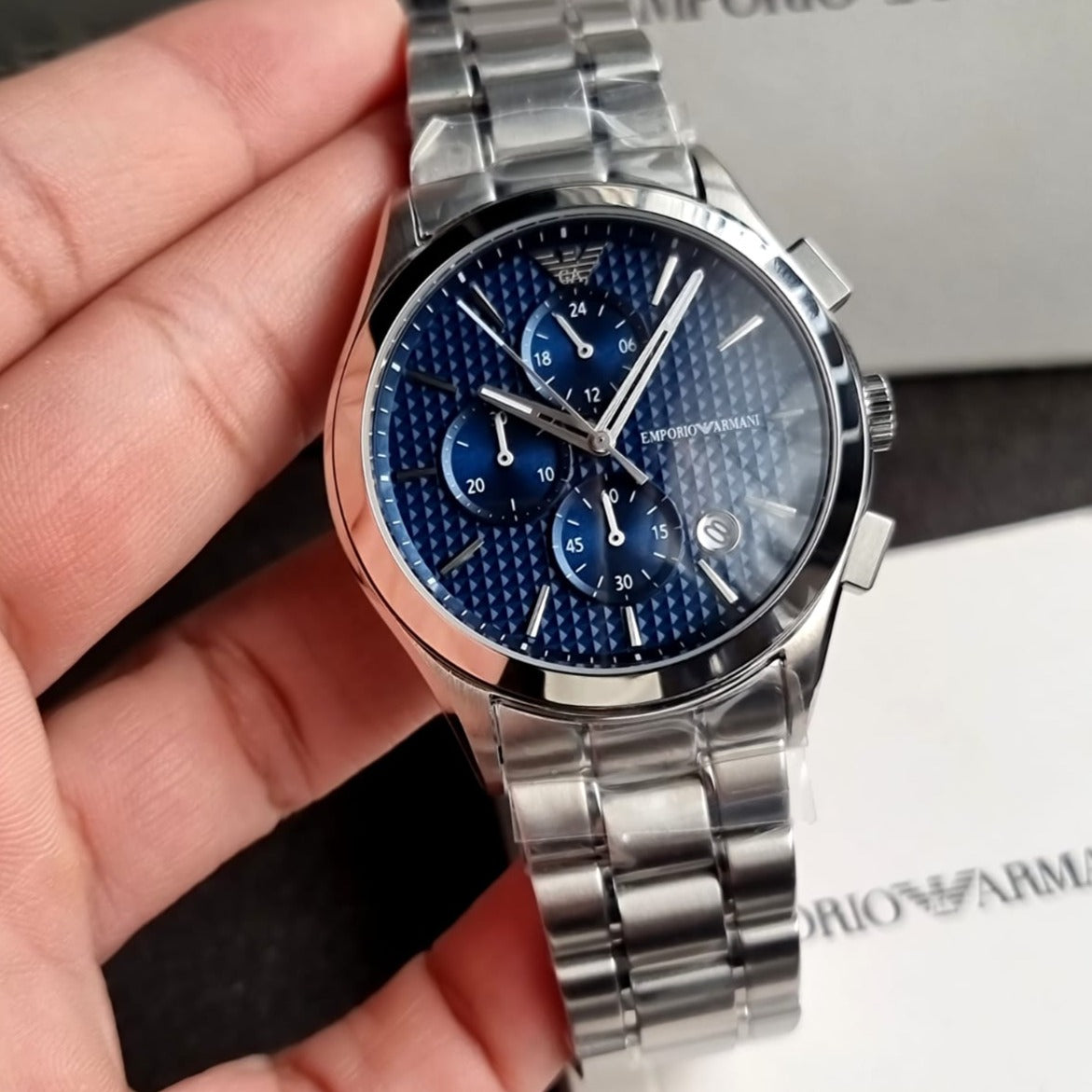  Shop Authentic Emporio Armani Chronograph Blue Dial Silver Steel Strap Watch For Men - AR11528 - Luxxuri