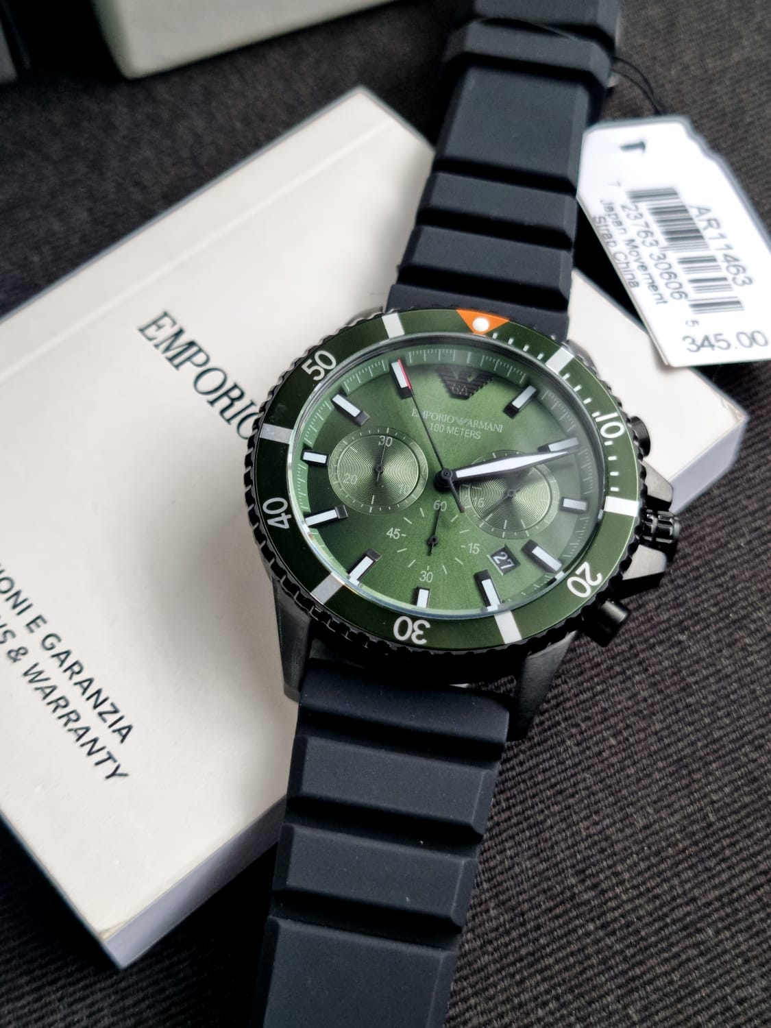  Shop Authentic Emporio Armani Diver Chronograph Quartz Green Dial Black Silicon Strap Watch For Men - AR11463 - Luxxuri