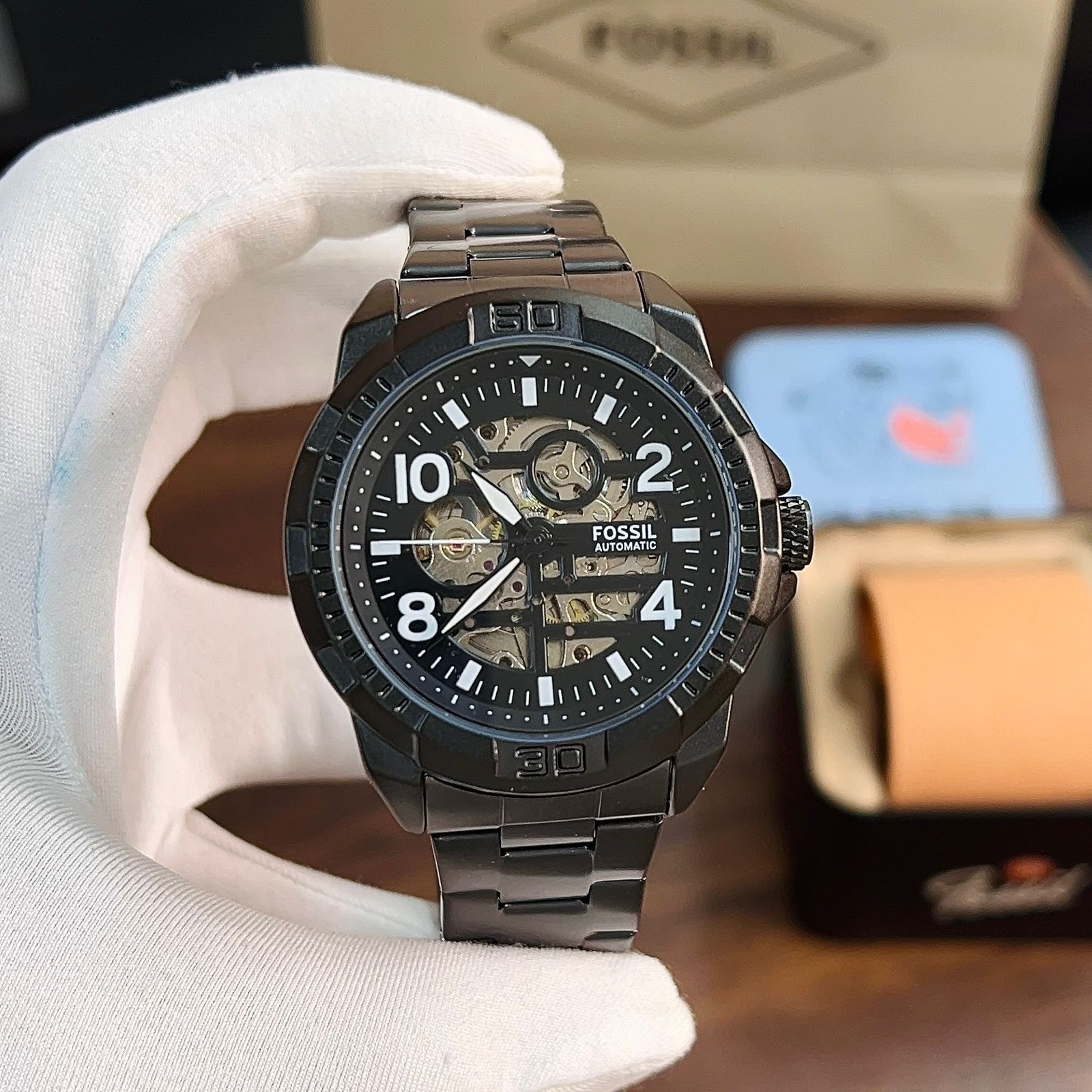  Shop Authentic Fossil Bronson Automatic Skeleton Black Dial Grey Steel Strap Watch for Men - ME3255 - Luxxuri