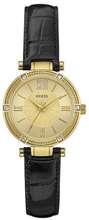  Shop Authentic Guess Park Avenue Quartz Gold Dial Black Leather Strap Watch For Women - W0838L1 - Luxxuri