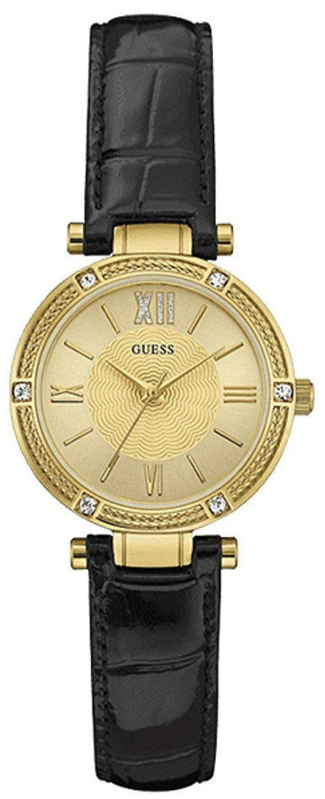  Shop Authentic Guess Park Avenue Quartz Gold Dial Black Leather Strap Watch For Women - W0838L1 - Luxxuri