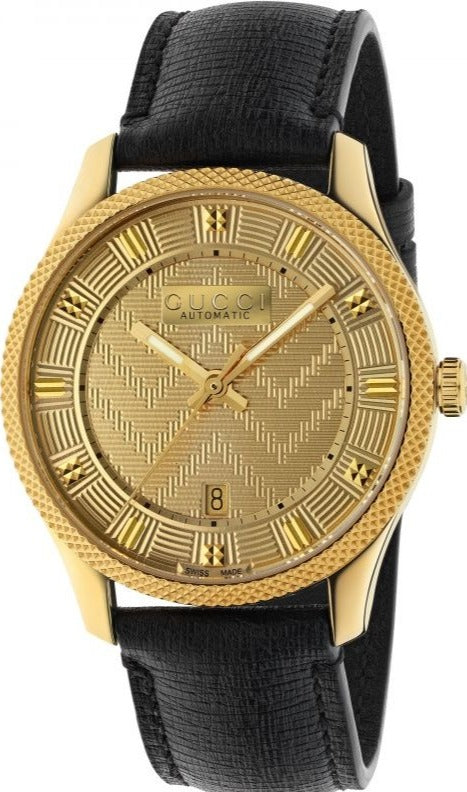  Shop Authentic Gucci Eryx Automatic Chevron Gold Dial Black Leather Strap Watch For Men - YA126340 - Luxxuri