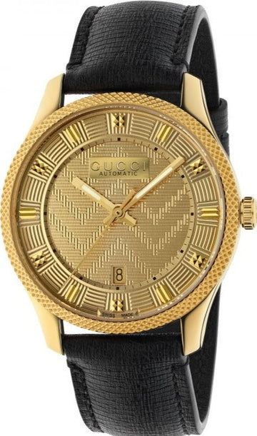  Shop Authentic Gucci Eryx Automatic Chevron Gold Dial Black Leather Strap Watch For Men - YA126340 - Luxxuri