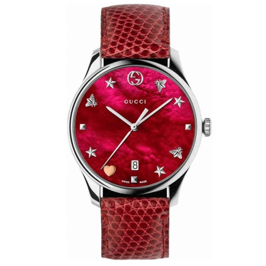  Shop Authentic Gucci G-Timeless Mother of Pearl Red Dial Red Leather Strap Watch For Women - YA1264041 - Luxxuri
