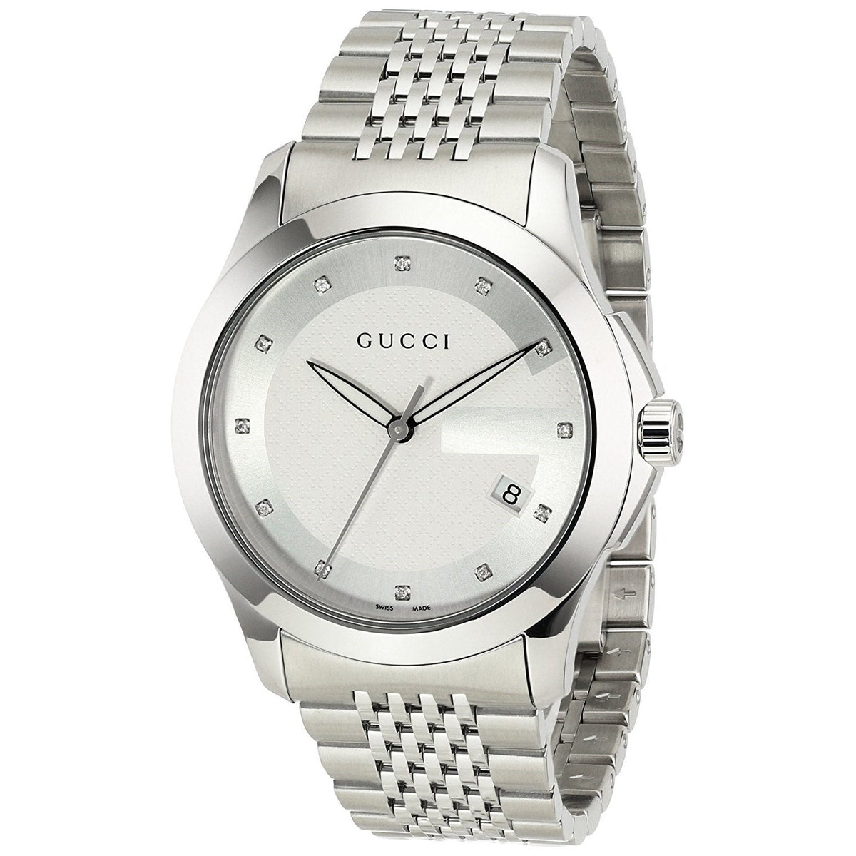  Shop Authentic Gucci G Timeless Diamonds Silver Dial Silver Steel Strap Watch For Men - YA126404 - Luxxuri