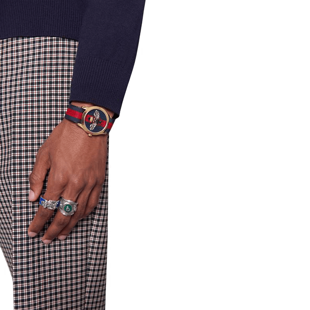  Shop Authentic Gucci G Timeless Bee Red & Blue Dial Red Two Tone Nylon Strap Watch For Men - YA1264061 - Luxxuri