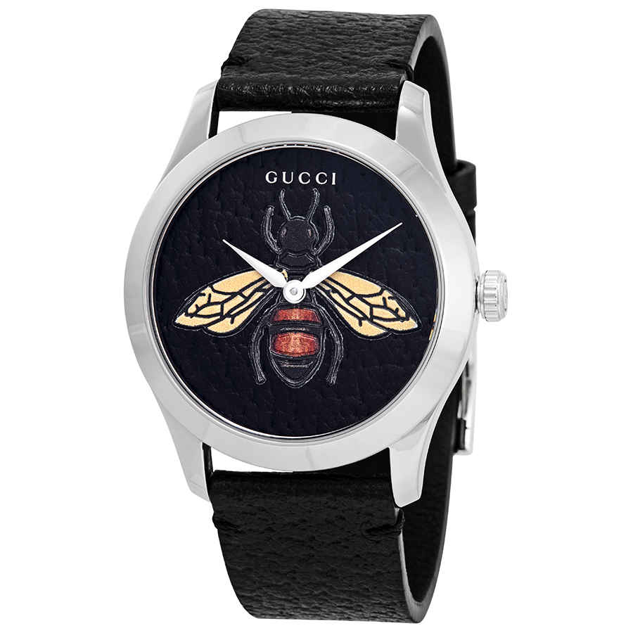  Shop Authentic Gucci G Timeless Bee Black Dial Black Leather Strap Watch For Women - YA1264067 - Luxxuri