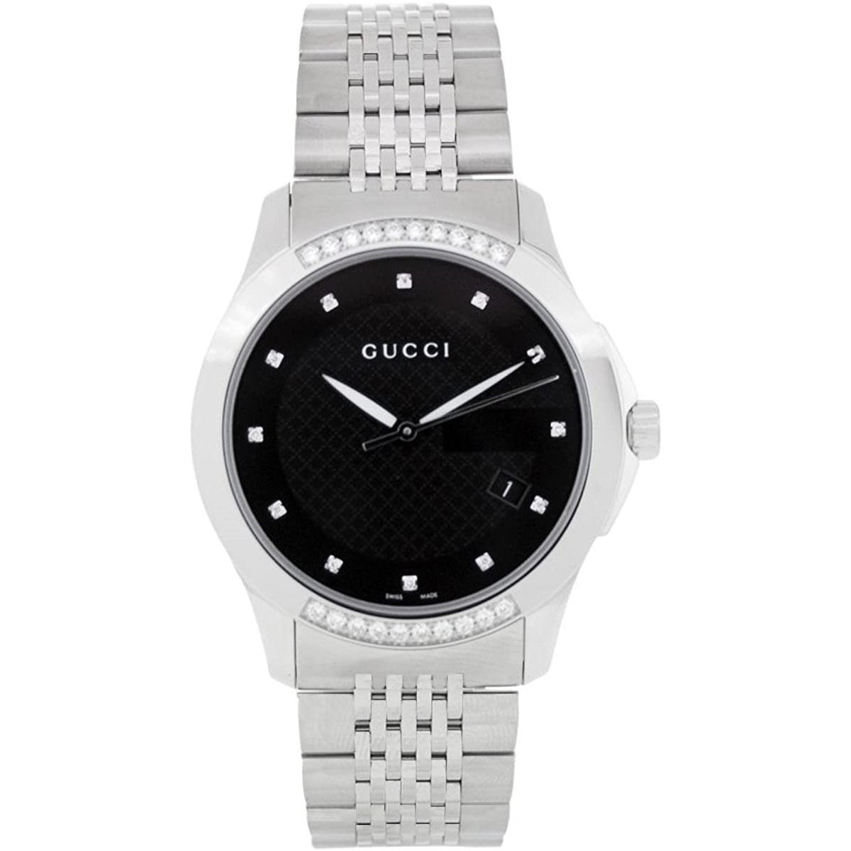  Shop Authentic Gucci G Timeless Diamonds Black Dial Silver Steel Strap Watch For Women - YA126408 - Luxxuri
