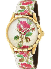  Shop Authentic Gucci G Timeless Floral Gold Dial White Leather Strap Watch For Women - YA1264084 - Luxxuri