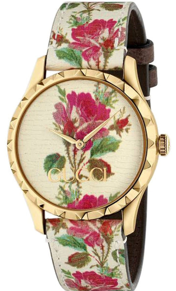  Shop Authentic Gucci G Timeless Floral Gold Dial White Leather Strap Watch For Women - YA1264084 - Luxxuri