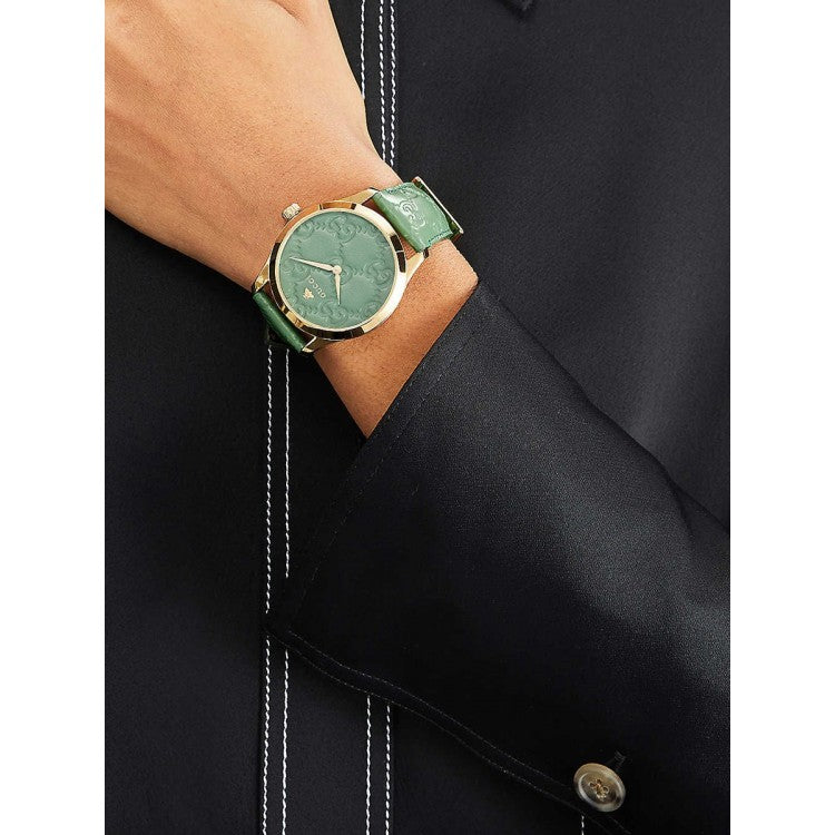  Shop Authentic Gucci G Timeless Quartz Green Dial Green Leather Strap Watch For Women - YA1264099 - Luxxuri