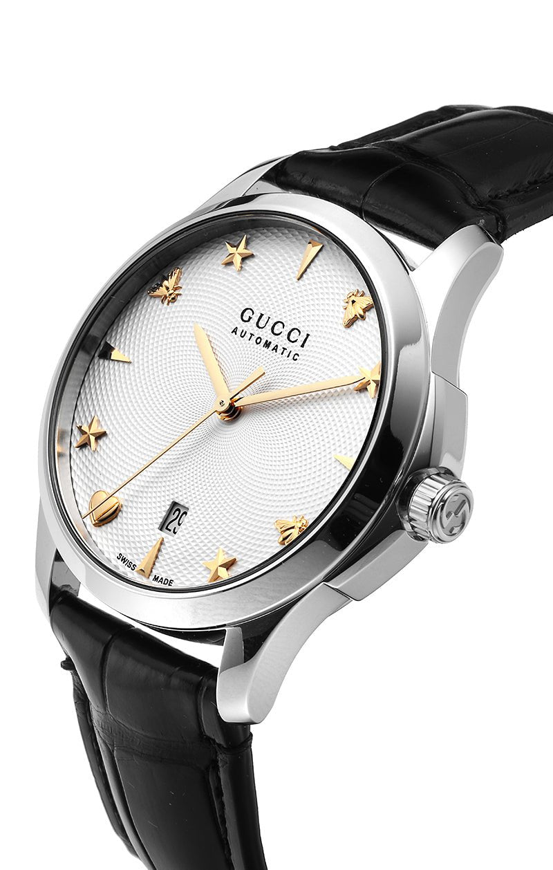  Shop Authentic Gucci G Timeless Automatic Silver Dial Black Leather Strap Unisex Watch - YA126468 - Luxxuri