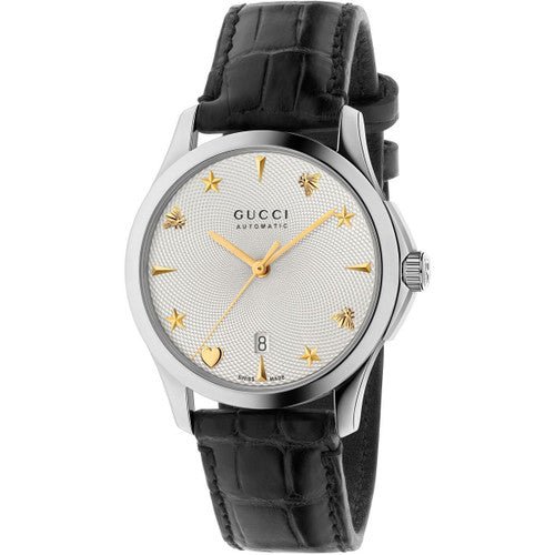  Shop Authentic Gucci G Timeless Automatic Silver Dial Black Leather Strap Unisex Watch - YA126468 - Luxxuri