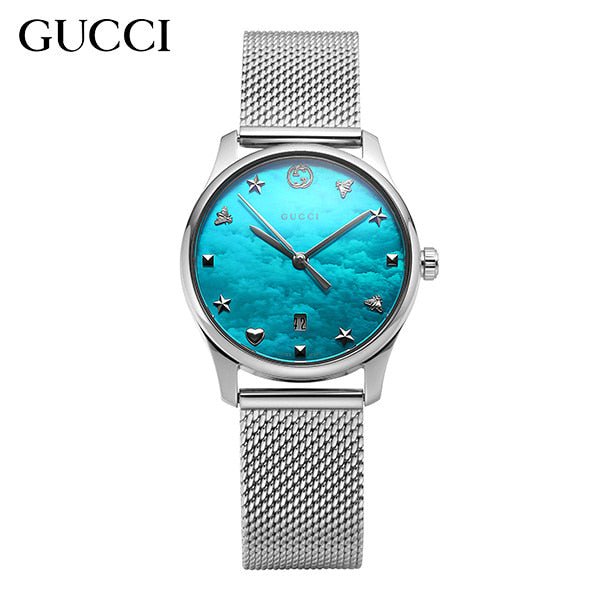  Shop Authentic Gucci G-Timeless Turquoise Mother of Pearl Dial Silver Mesh Bracelet Watch For Women - YA126582 - Luxxuri