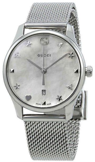  Shop Authentic Gucci G-Timeless Mother of Pearl Dial Silver Mesh Bracelet Watch For Women - YA126583 - Luxxuri