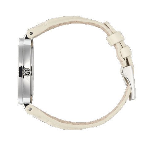  Shop Authentic Gucci Interlocking 18K Gold Silver Dial White Leather Strap Watch For Women - YA133303 - Luxxuri