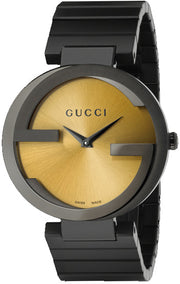  Shop Authentic Gucci Interlocking G Quartz Gold Dial Black Steel Strap Watch For Women - YA133314 - Luxxuri