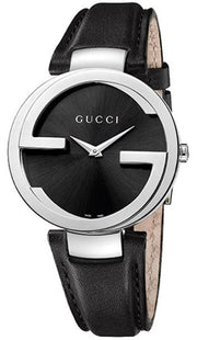  Shop Authentic Gucci G Interlocking Black Dial Black Leather Strap Watch For Women - YA133501 - Luxxuri