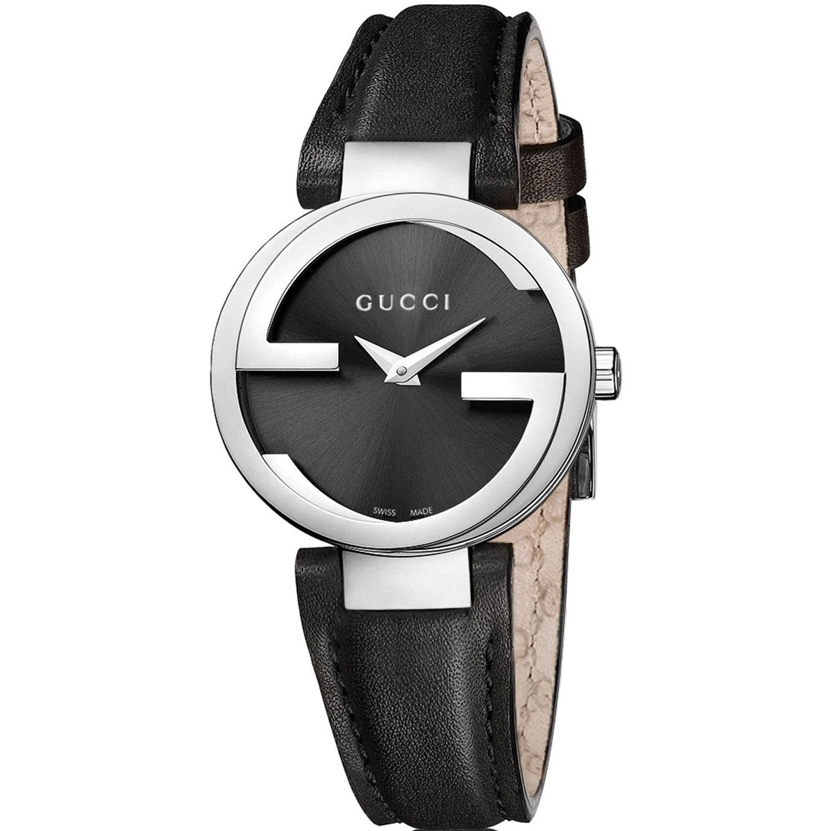Gucci G Interlocking Black Dial Black Leather Strap Watch For Women - YA133501