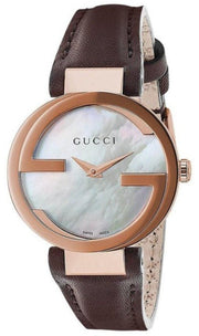  Shop Authentic Gucci G Interlocking Mother of Pearl Dial Brown Leather Strap Watch For Women - YA133516 - Luxxuri