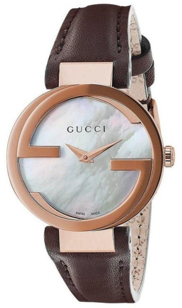  Shop Authentic Gucci G Interlocking Mother of Pearl Dial Brown Leather Strap Watch For Women - YA133516 - Luxxuri