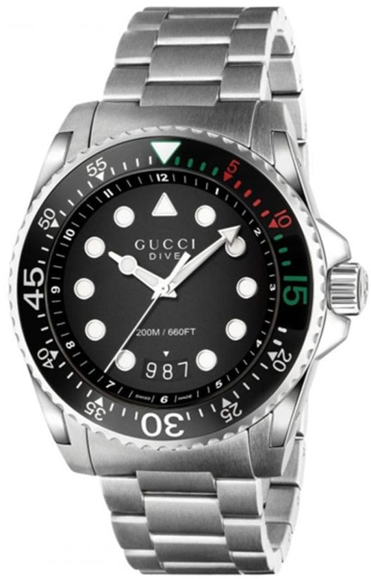  Shop Authentic Gucci Dive Analog Black Dial Silver Steel Strap Watch For Men - YA136208 - Luxxuri