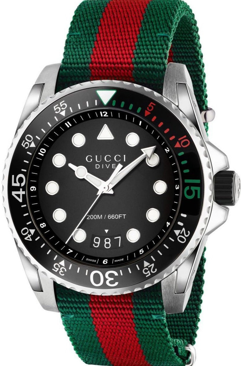  Shop Authentic Gucci Dive Black Dial Red & Green Nylon Strap Watch For Men - YA136209 - Luxxuri