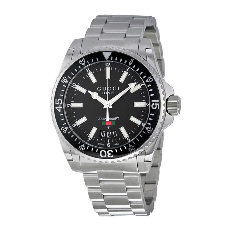  Shop Authentic Gucci Dive Quartz Black Dial Silver Steel Strap Watch For Men - YA136301 - Luxxuri