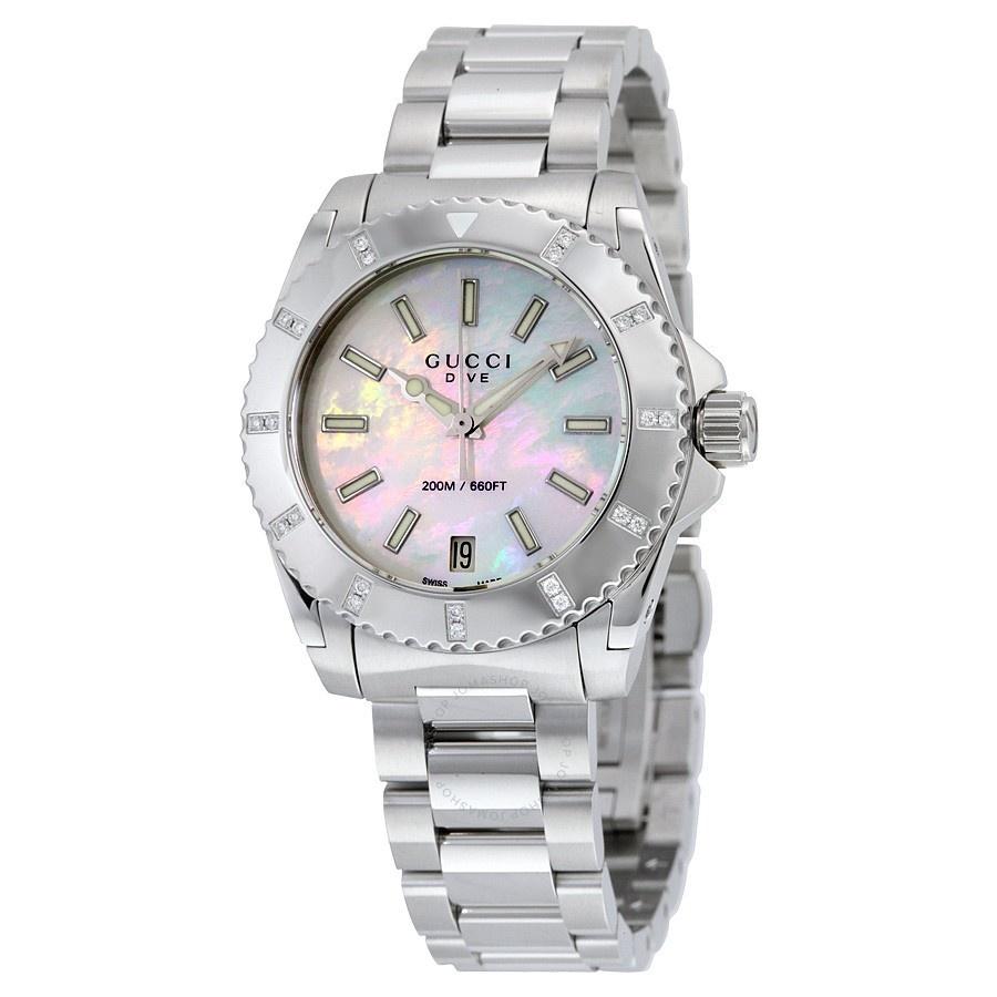  Shop Authentic Gucci Dive Mother of Pearl Diamonds Dial Watch For Women - YA136405 - Luxxuri